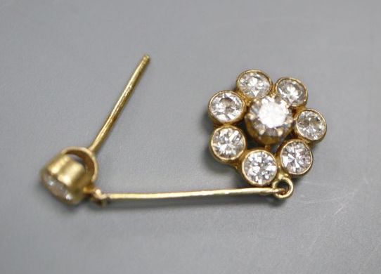 A single yellow metal and diamond cluster set drop earring, 32mm, cluster 10mm, gross 1.7 grams.